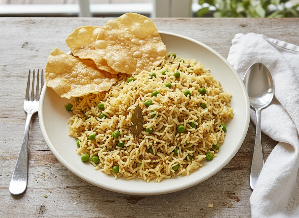 Pilau Rice with Peas and Baked Papadum photo