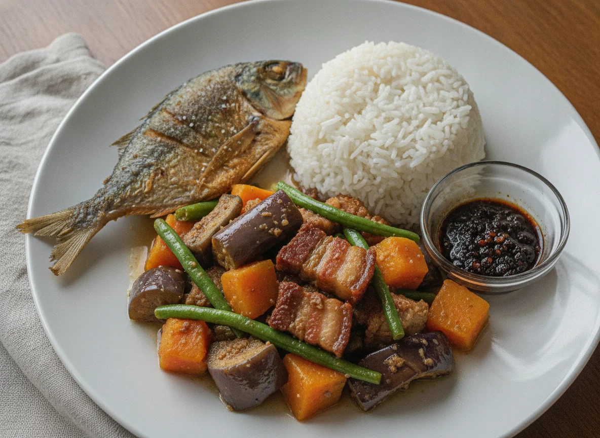Pinakbet with Fried Fish and Rice photo
