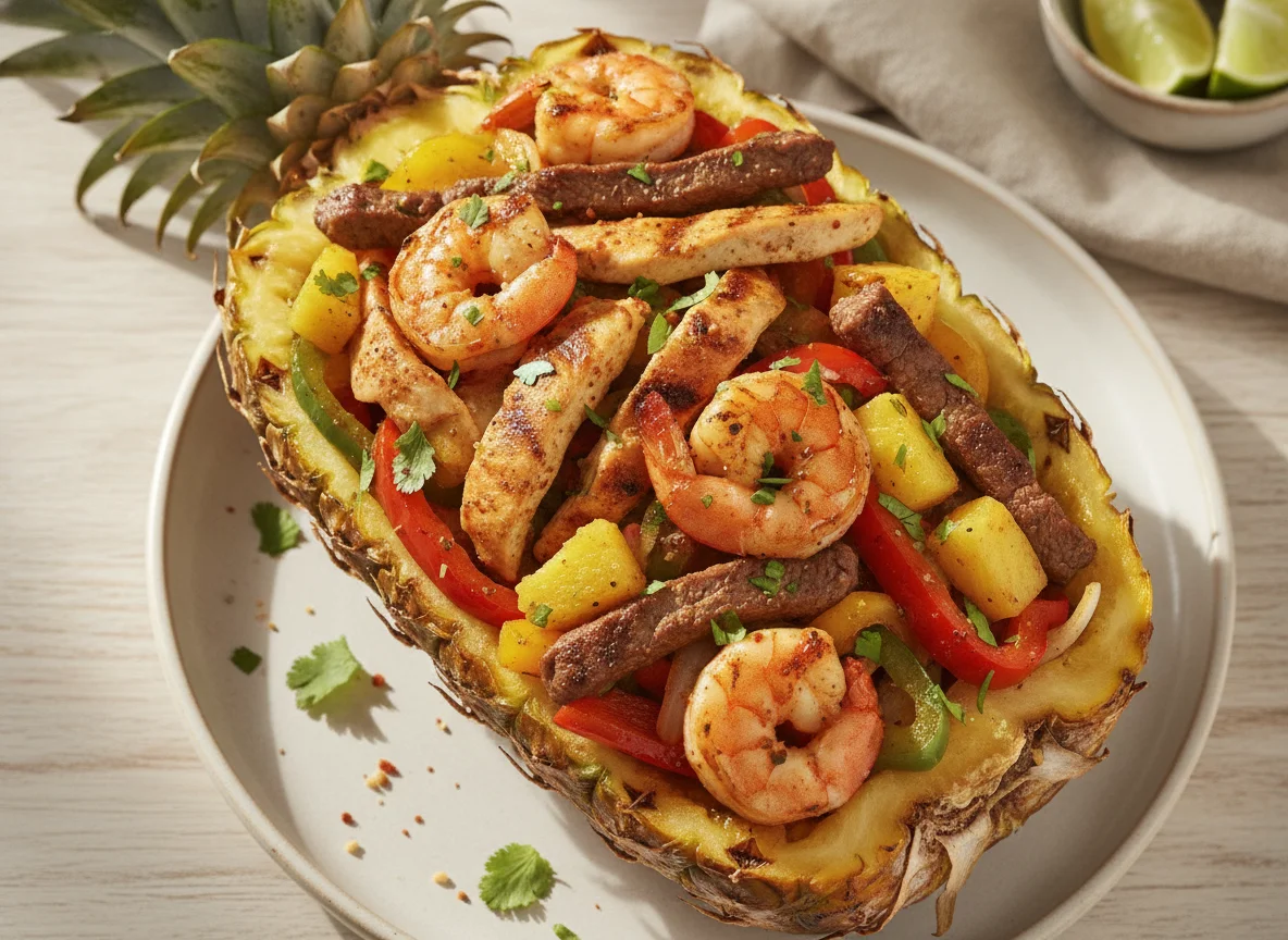 Pineapple Fajita Boat with Shrimp, Chicken, and Steak photo