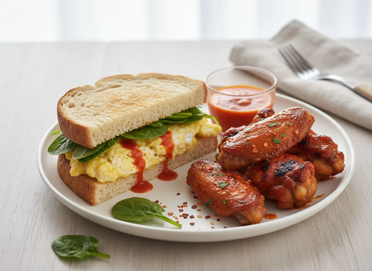 Piri Piri Chicken Wings with Egg and Spinach Sandwich photo