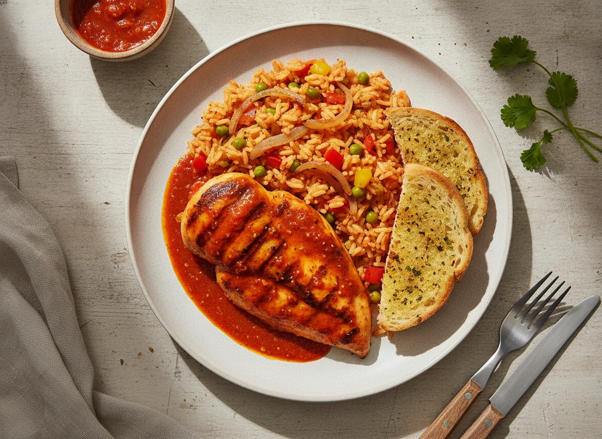 Piri Piri Chicken with Spicy Rice and Garlic Bread photo