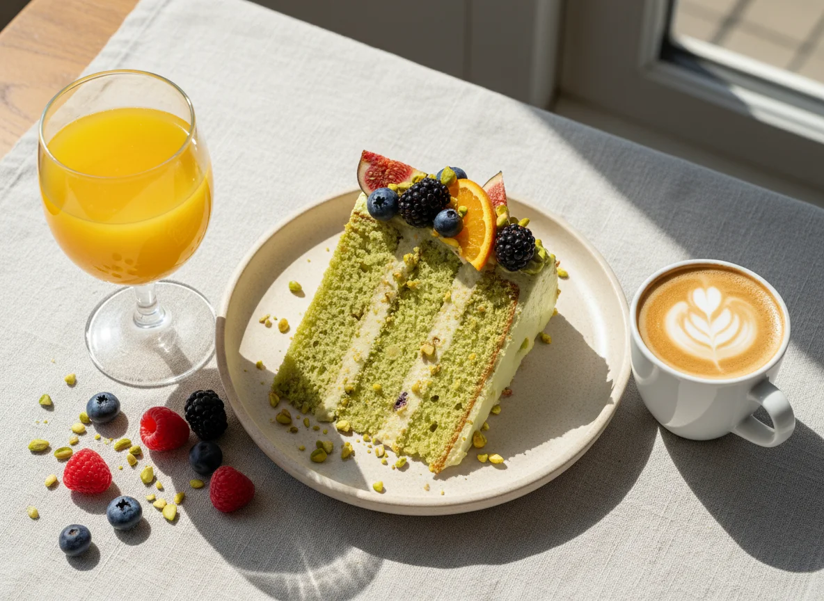 Pistachio Cake with Berries and Latte photo
