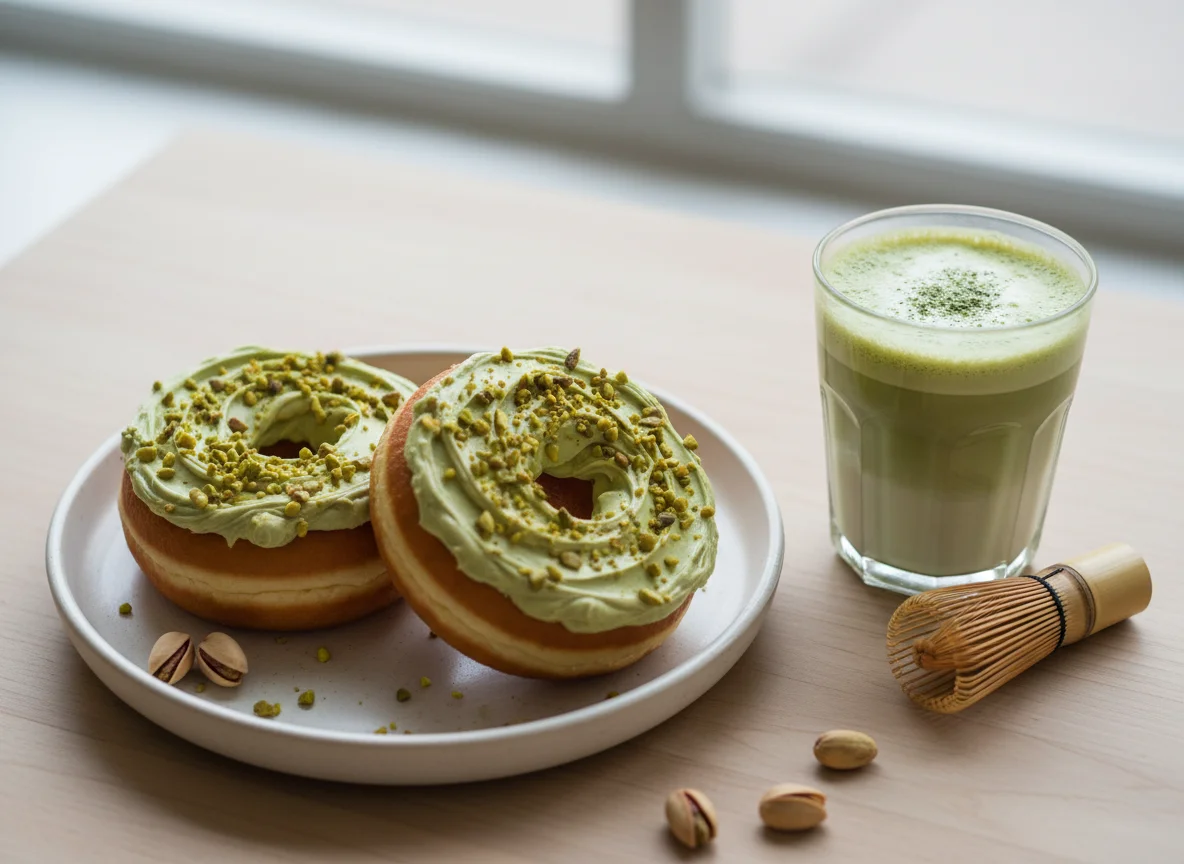 Pistachio Donuts with Matcha Latte photo
