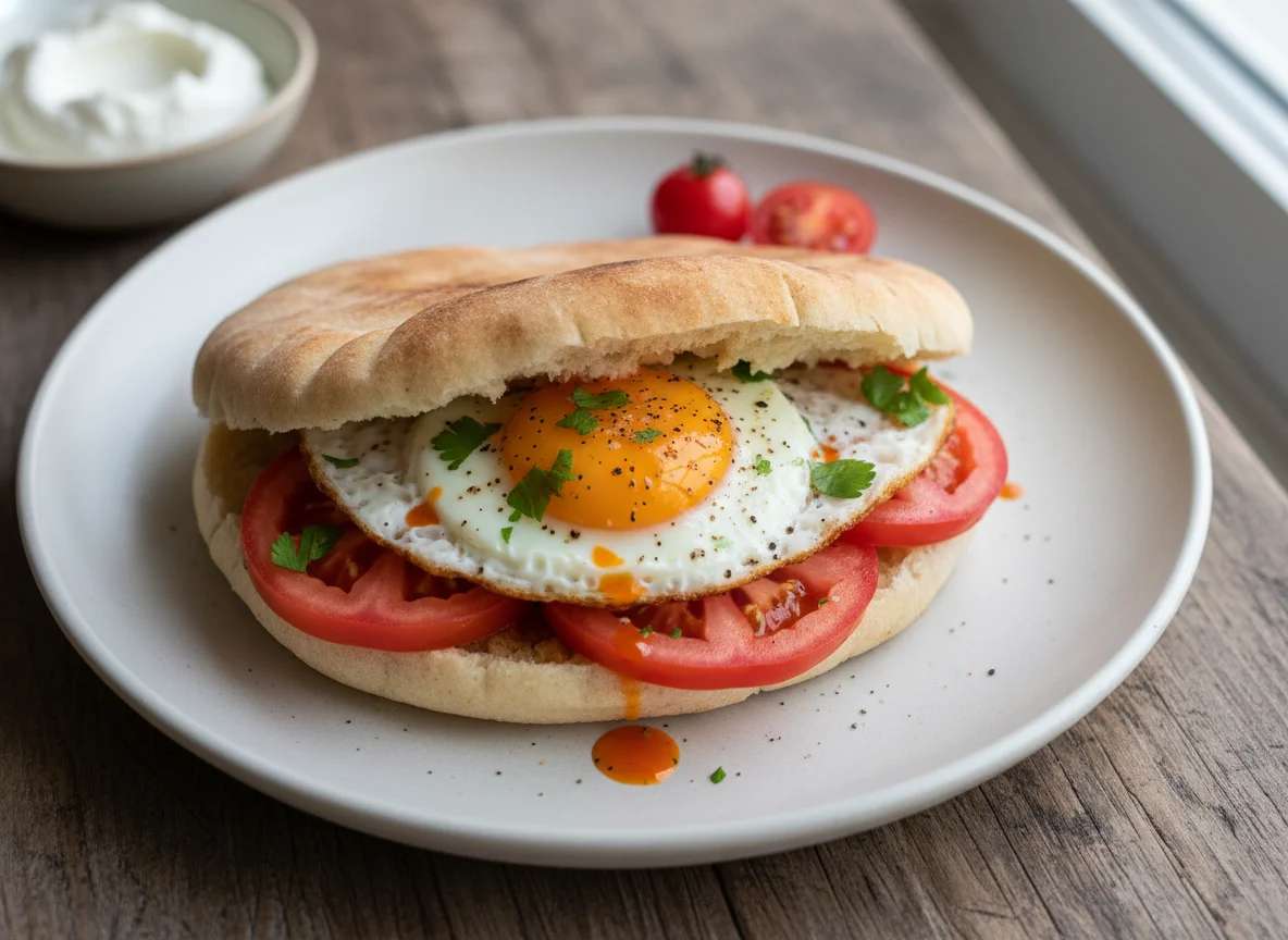 Pita bread sandwich with tomatoes and fried egg photo