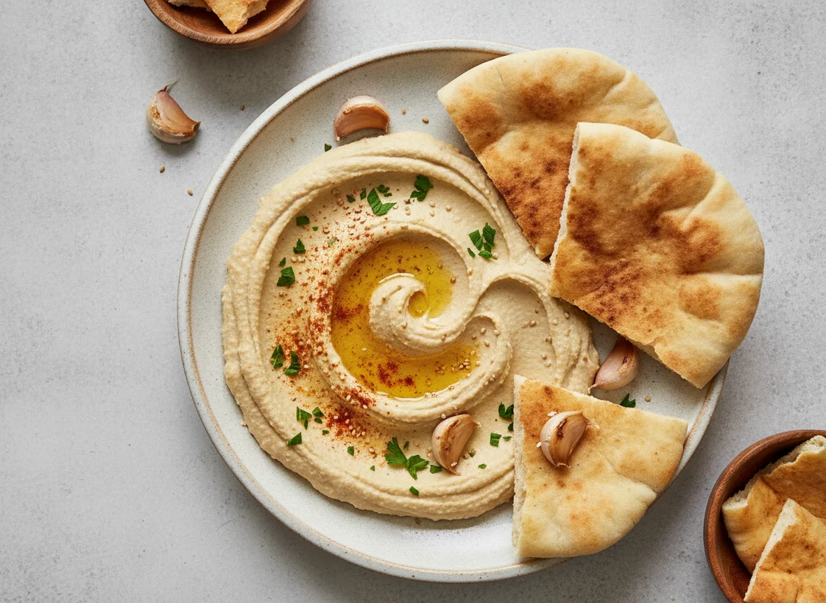 Pita bread with hummus and garlic photo