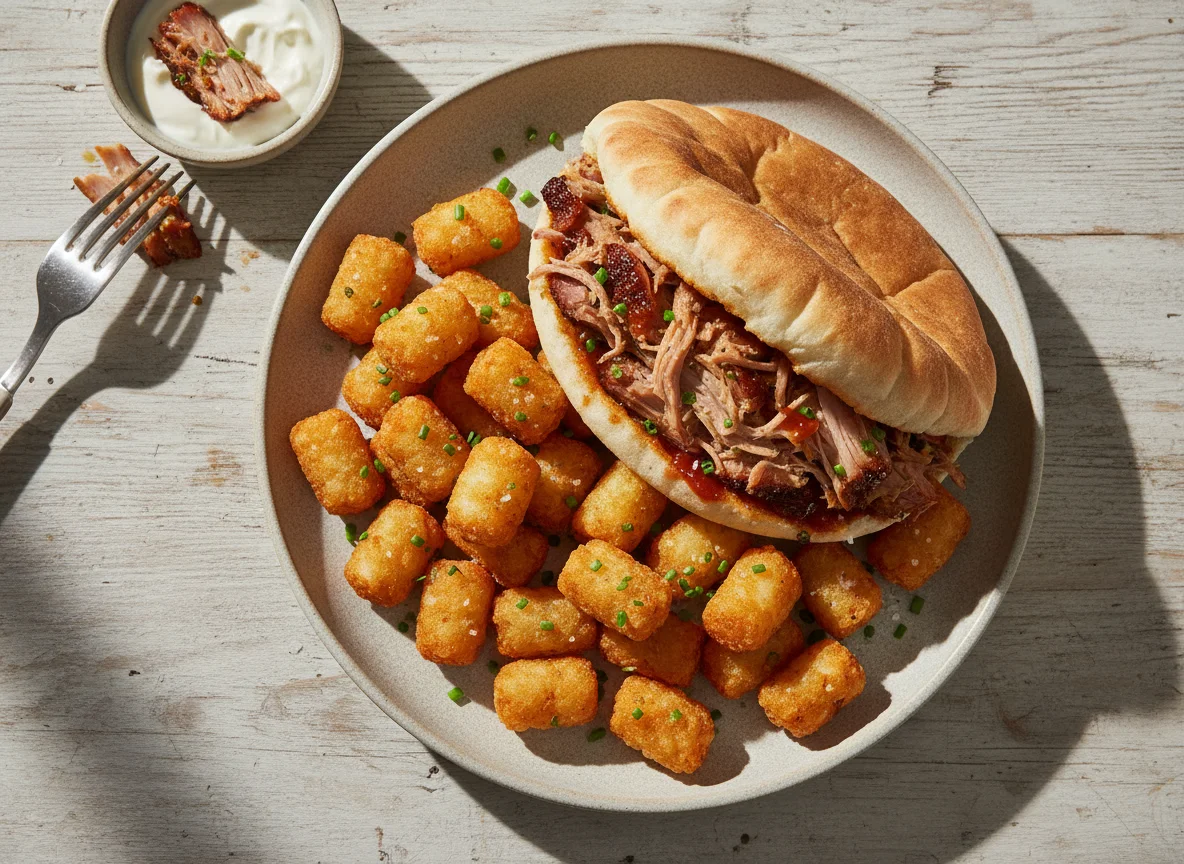 Pita bread with meat filling and potato tots photo