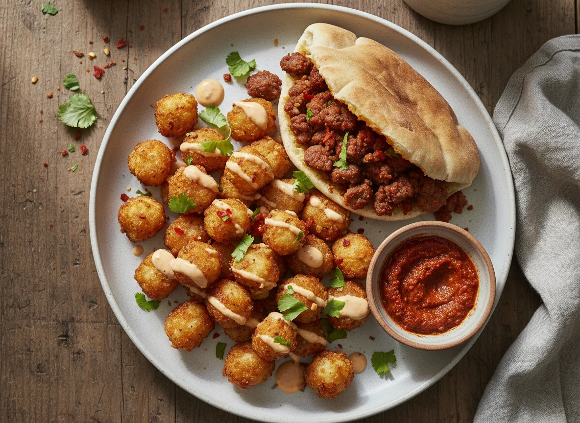 Pita bread with spicy filling and potato tots photo