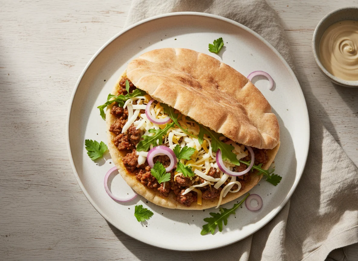 Pita with Minced Filling, Cheese and Greens photo