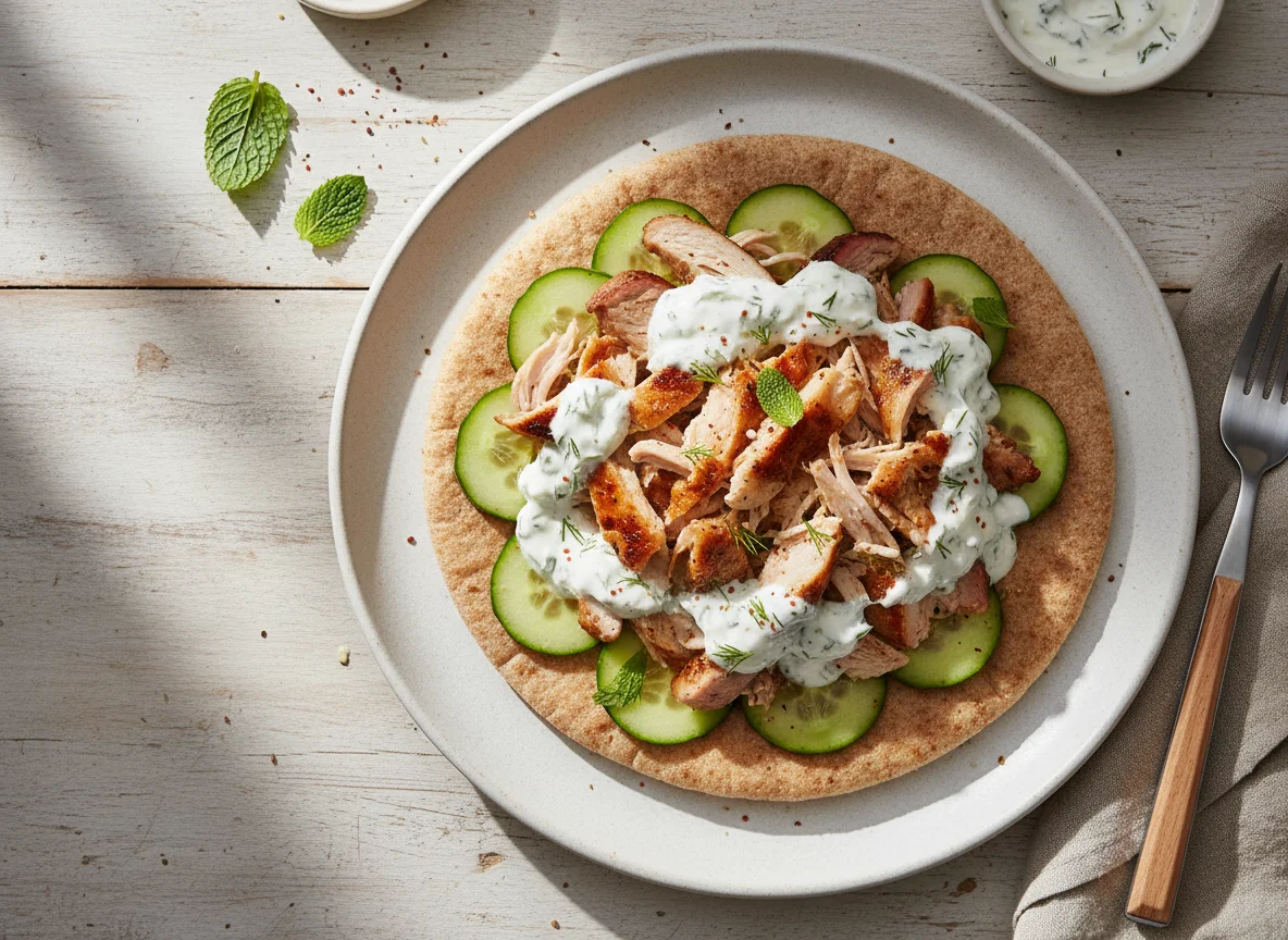 Pita with Shredded Meat, Cucumber, and White Sauce photo