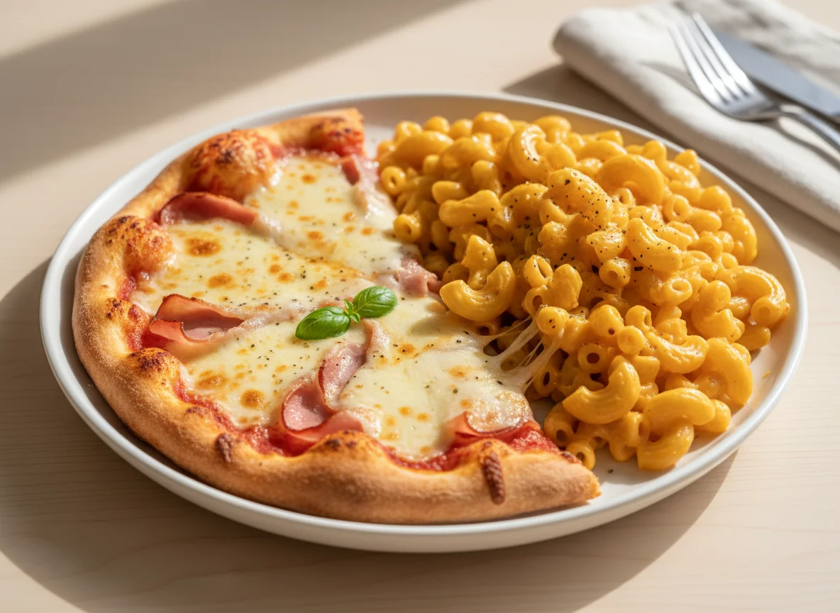 Pizza and Macaroni and Cheese photo