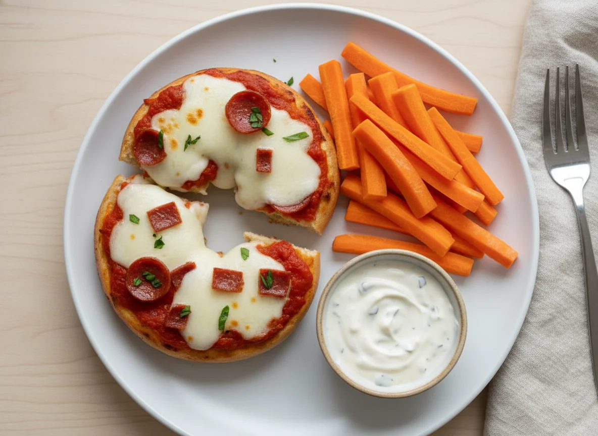 Pizza Bagel with Carrot Sticks and Ranch Dip photo