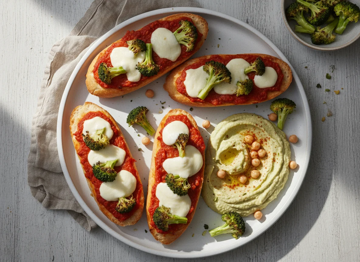 Pizza Baguettes with Broccoli and Hummus photo