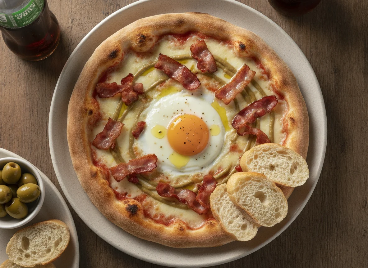 Pizza Carbonara with Egg and Bacon photo