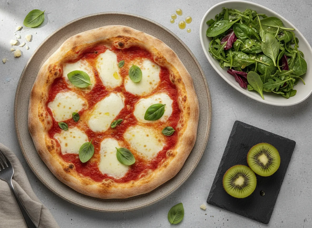 Pizza Margherita with Side Salad and Kiwi photo