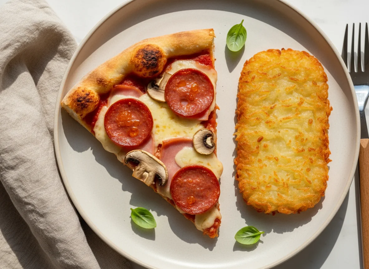Pizza slice and hash brown photo