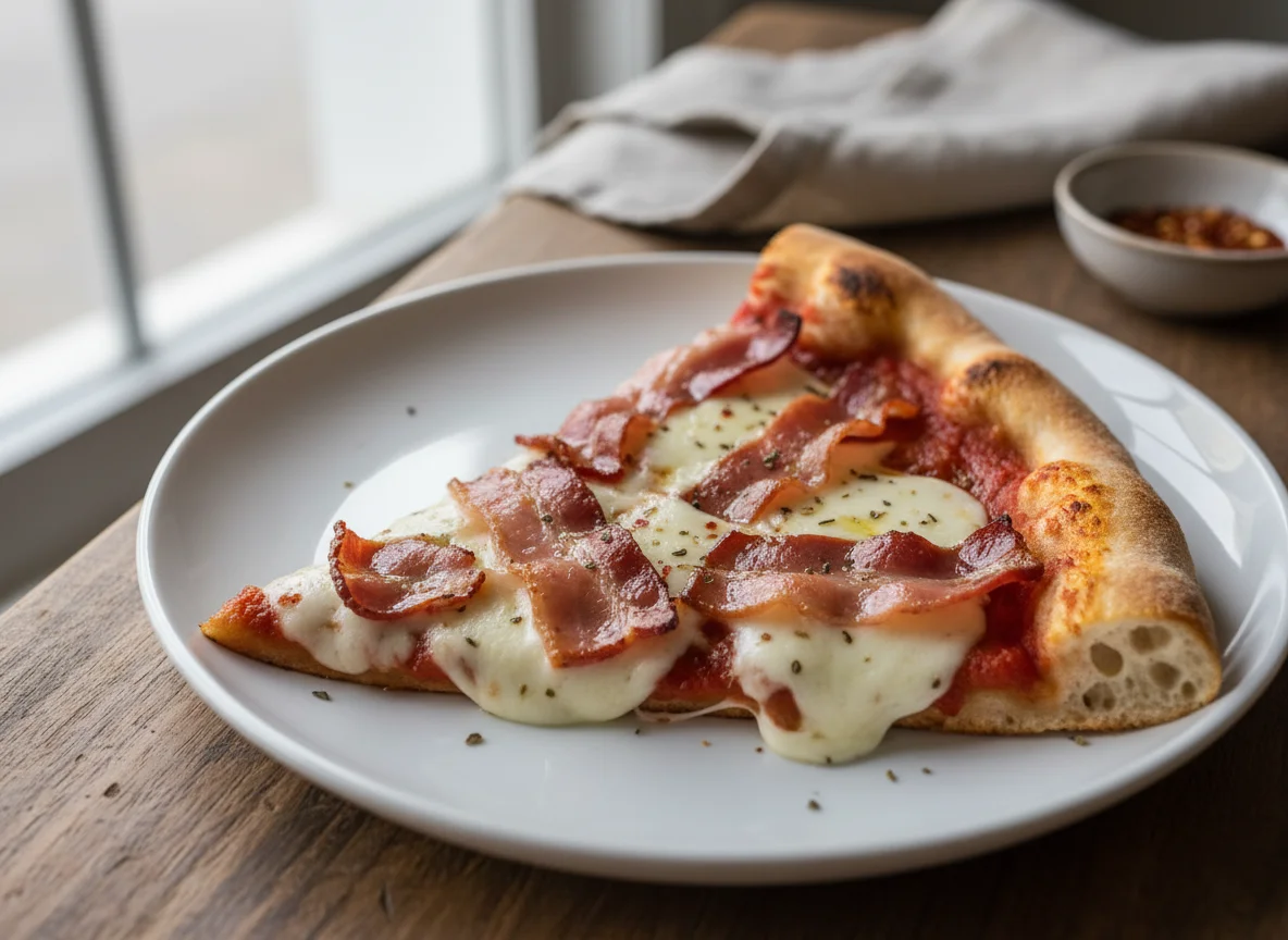 Pizza slice with bacon and cheese photo