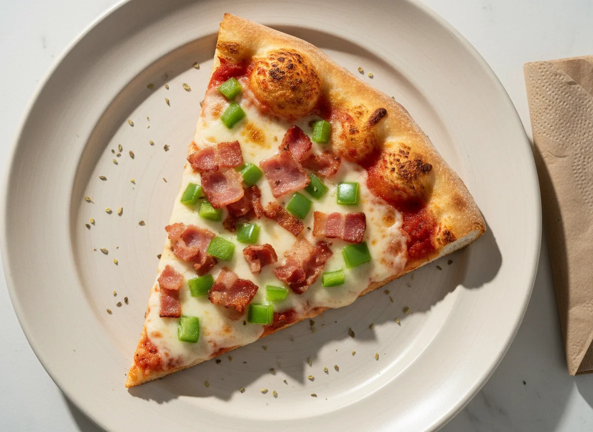 Pizza slice with bacon and green peppers photo