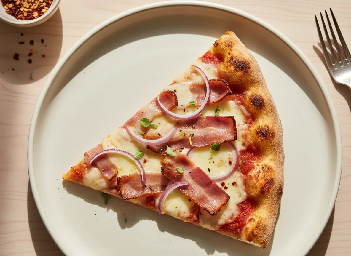 Pizza Slice with Bacon and Red Onion photo