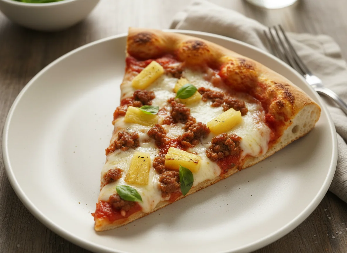 Pizza Slice with Ground Meat and Pineapple photo