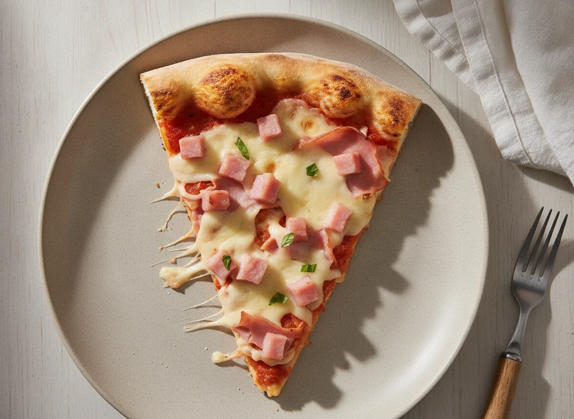 Pizza slice with ham and cheese photo