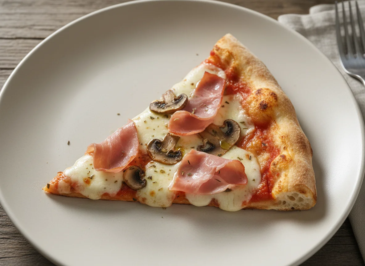 Pizza slice with ham and mushrooms photo