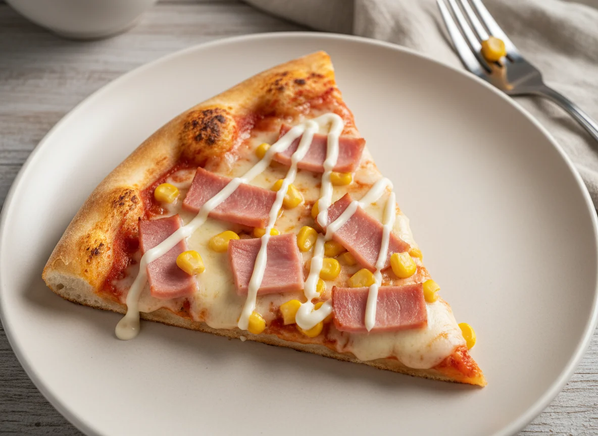 Pizza Slice with Ham, Corn, and Cheese photo