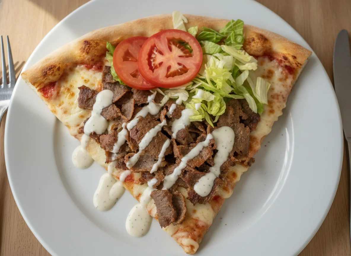 Pizza slice with kebab and salad photo