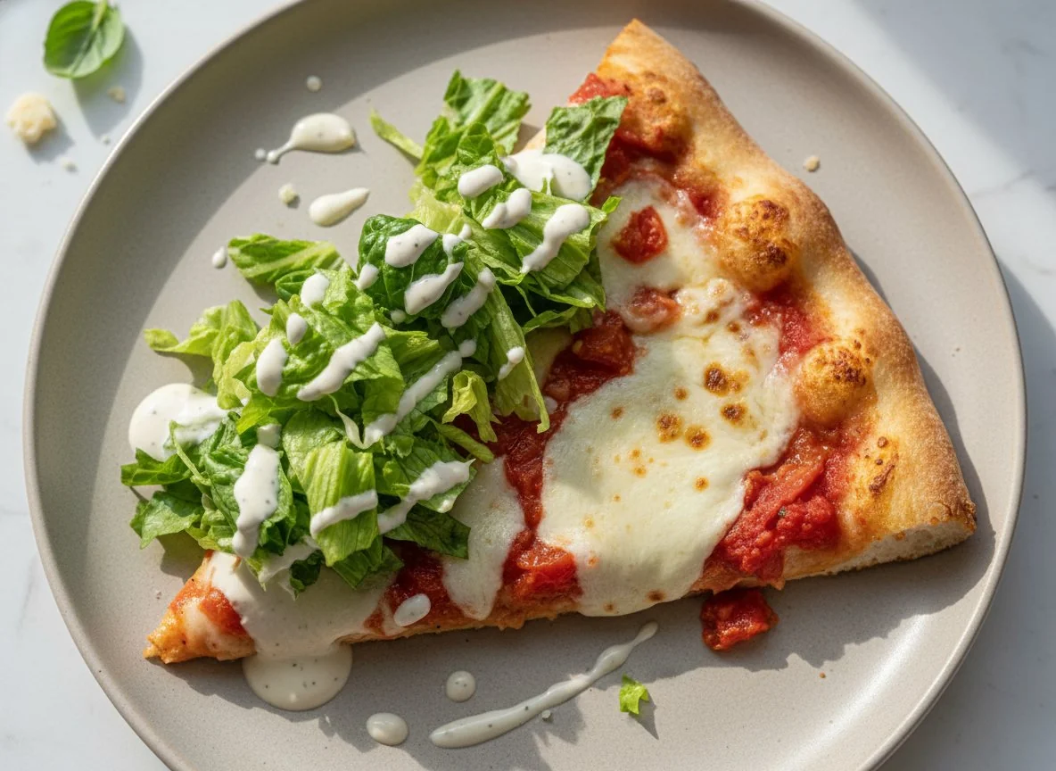 Pizza slice with lettuce and sauce photo
