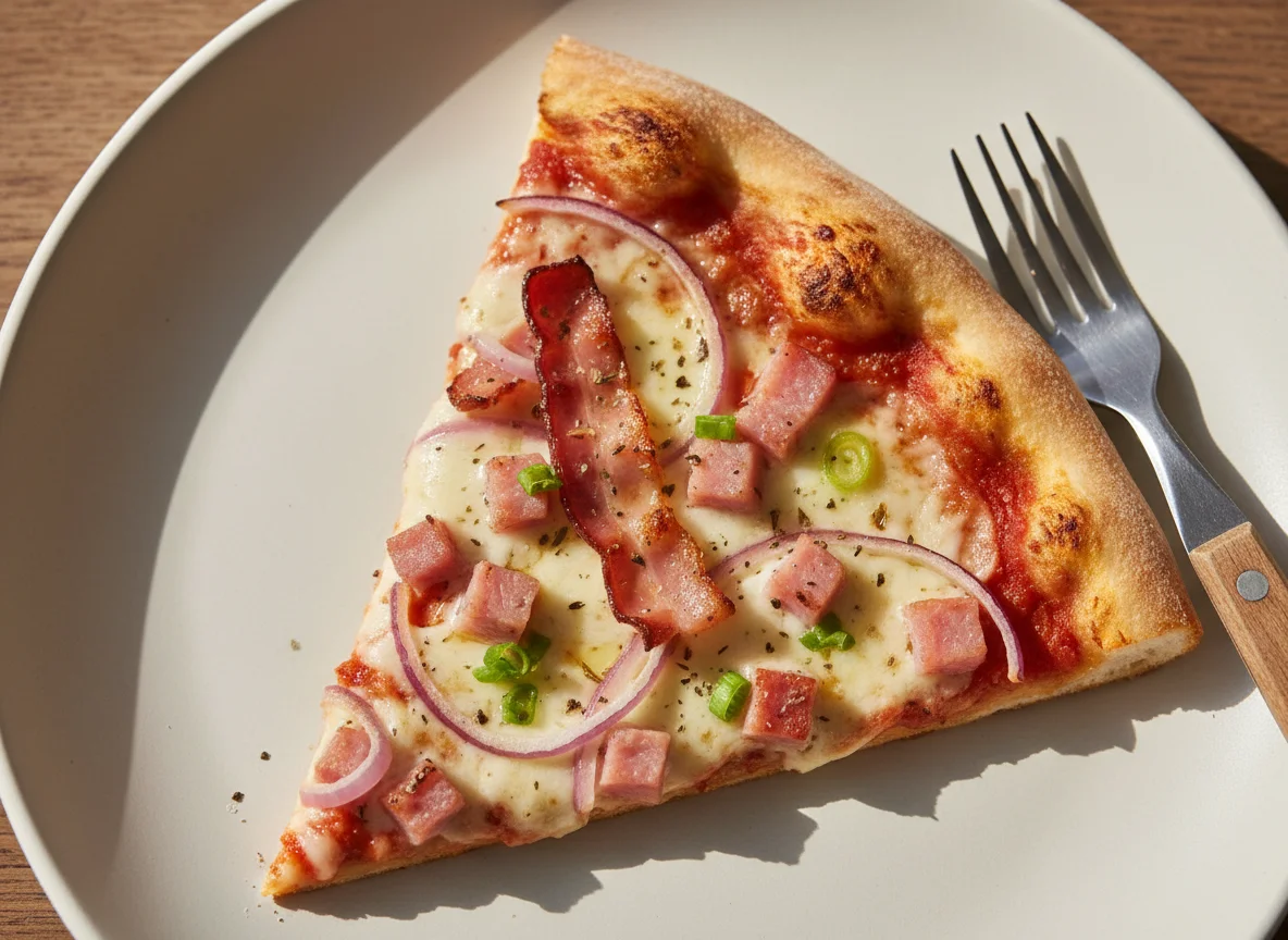 Pizza slice with meat and onions photo