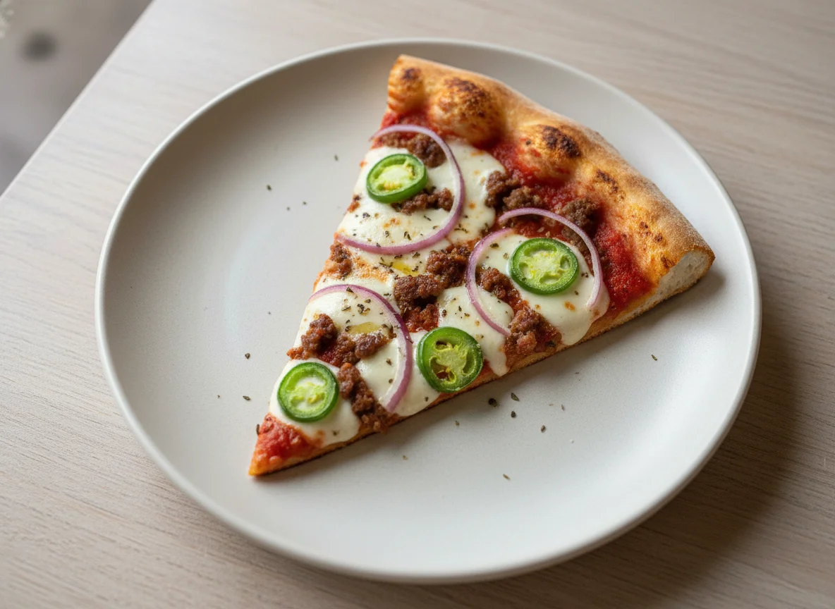 Pizza Slice with Meat, Onions, and Jalapeños photo