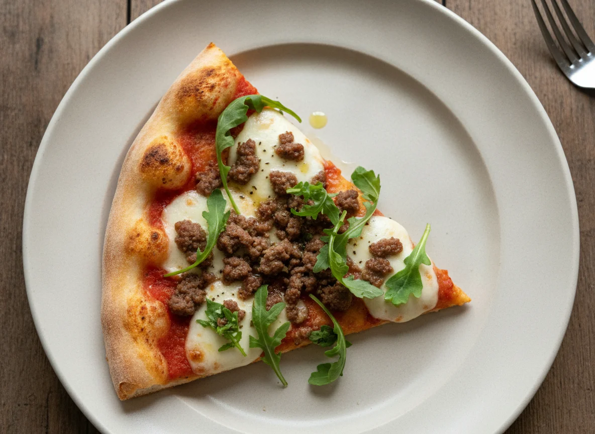 Pizza slice with minced meat and arugula photo