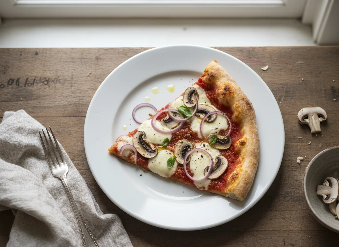 Pizza slice with mushrooms and red onion photo