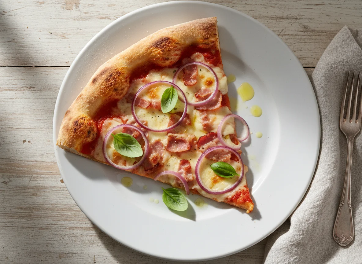 Pizza slice with red onion and bacon photo