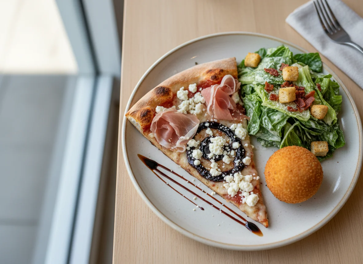 Pizza slice with salad and fried ball photo