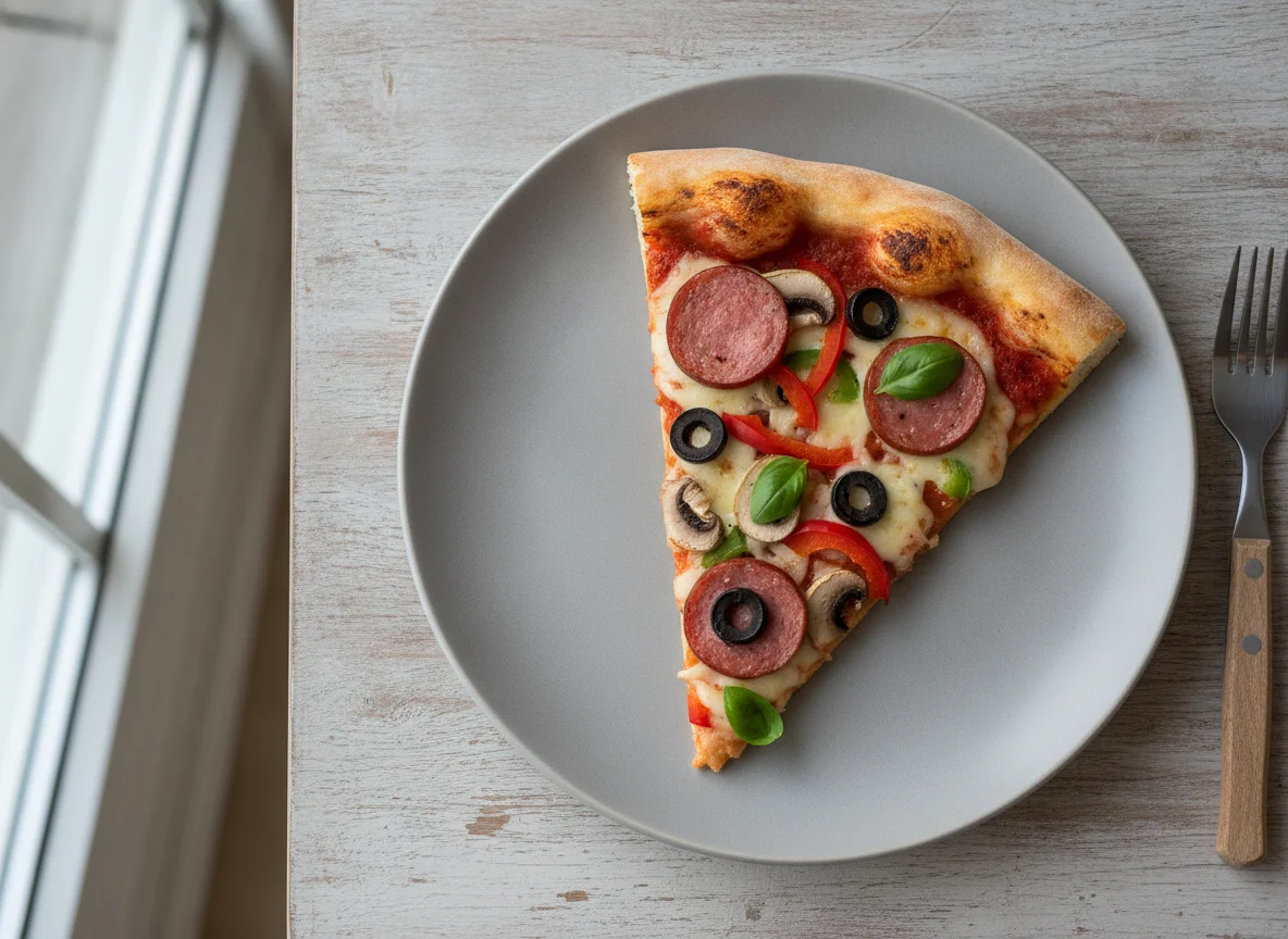 Pizza slice with sausages and vegetables photo