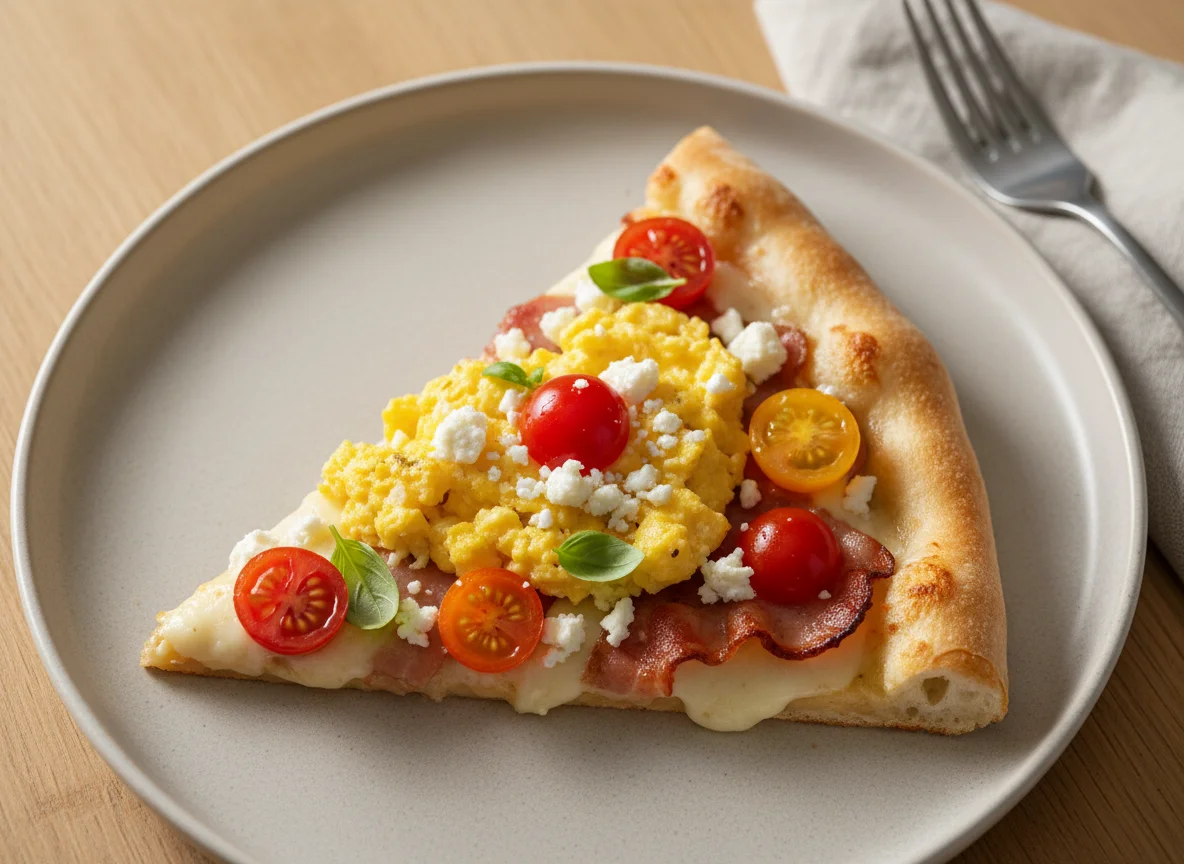 Pizza slice with scrambled eggs and cherry tomatoes photo