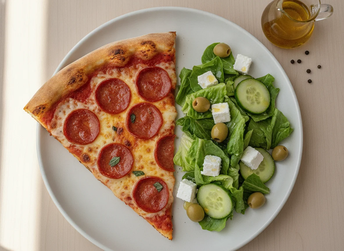 Pizza slice with side salad photo