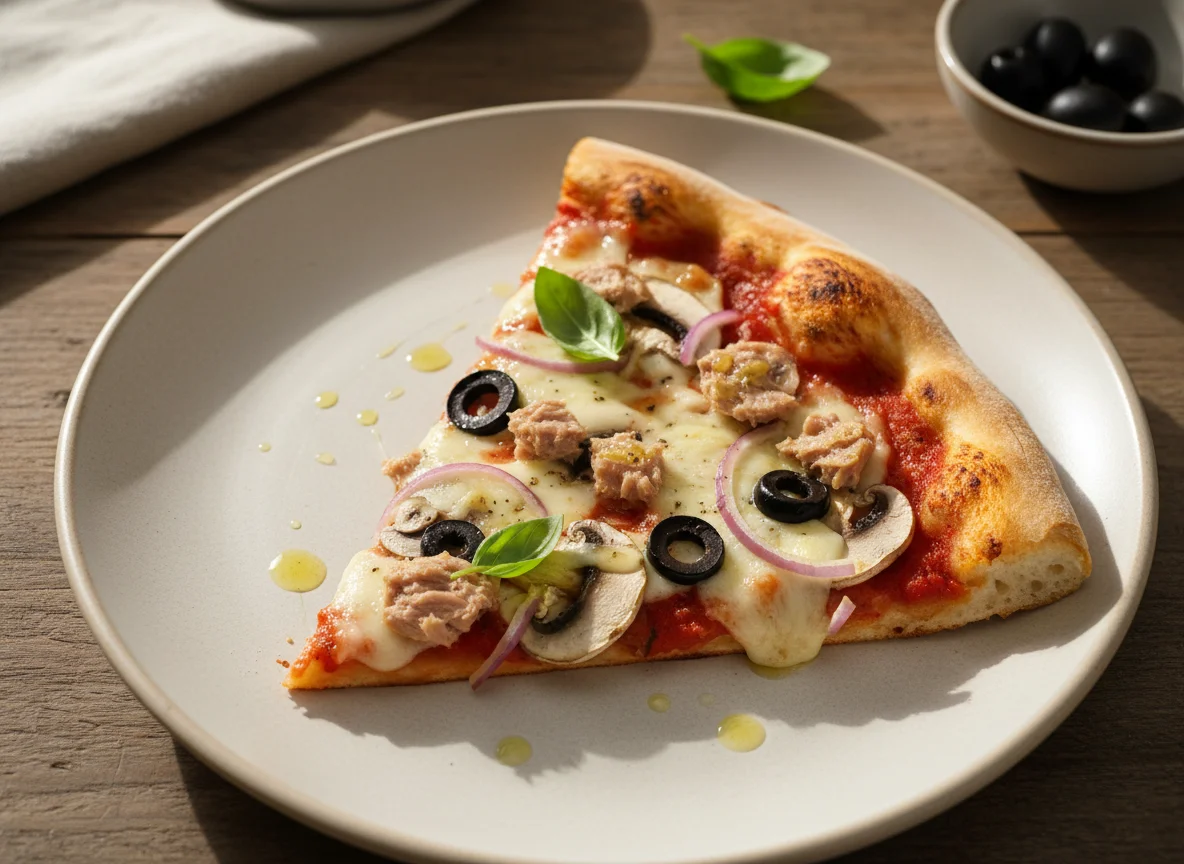 Pizza slice with tuna, mushrooms, and olives photo
