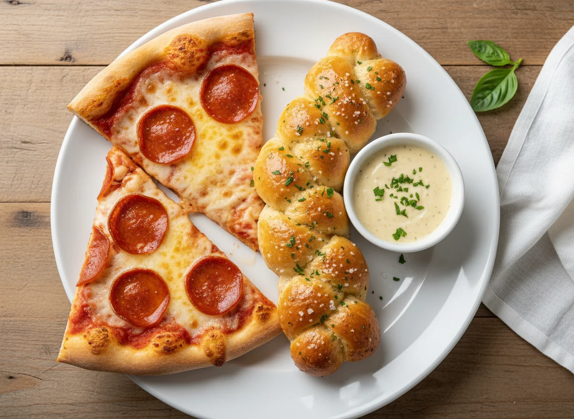 Pizza Slices with Breadstick and Garlic Sauce photo