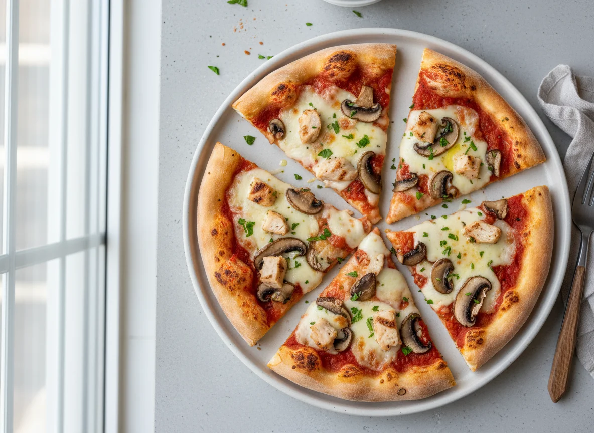 Pizza slices with chicken and mushrooms photo