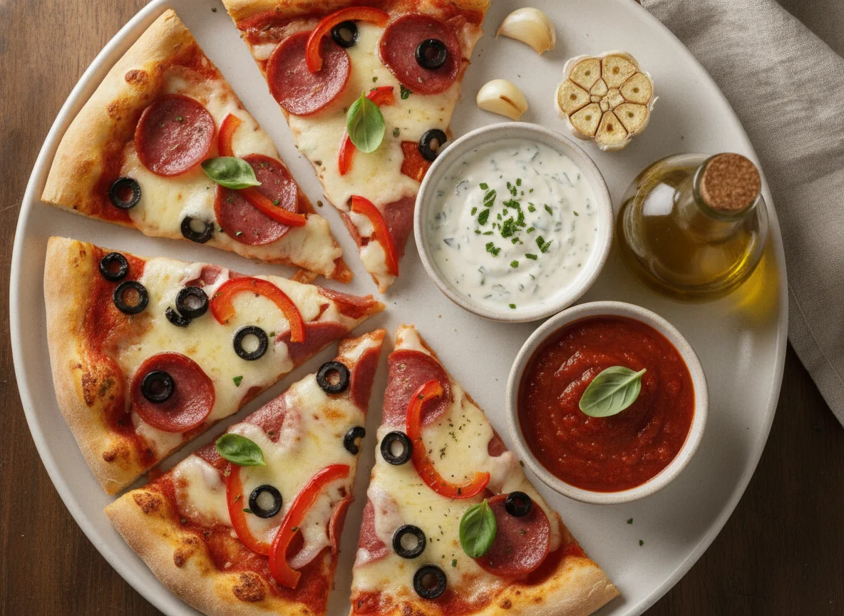 Pizza slices with garlic and tomato sauce photo