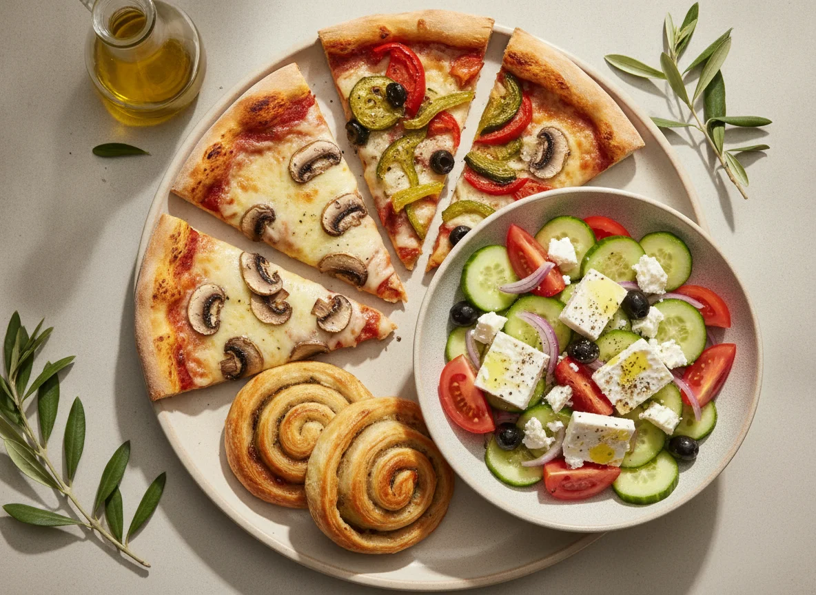 Pizza slices with Greek salad and pastry rolls photo