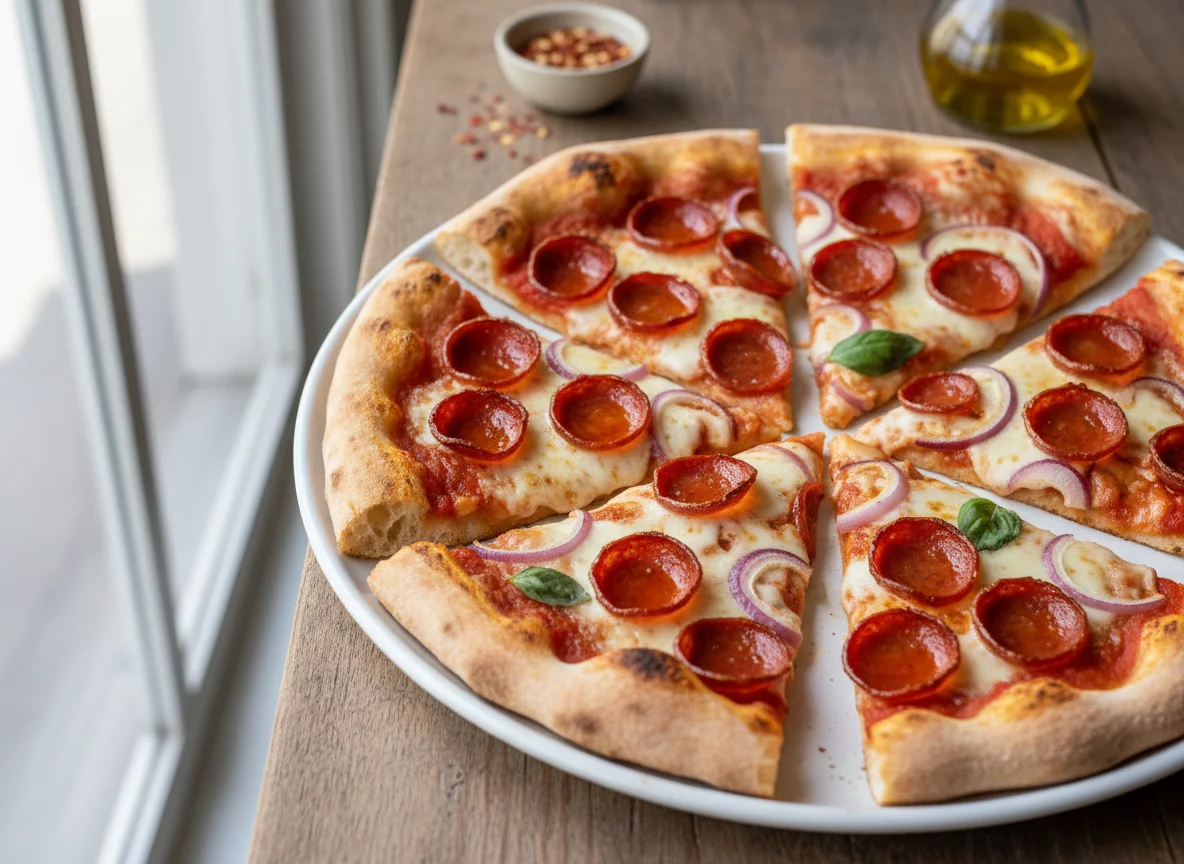 Pizza slices with pepperoni and red onion photo