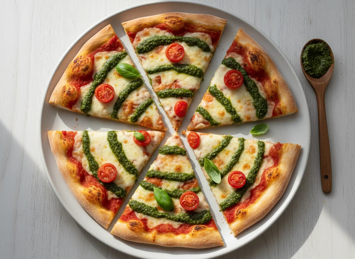 Pizza Slices with Pesto and Tomato photo