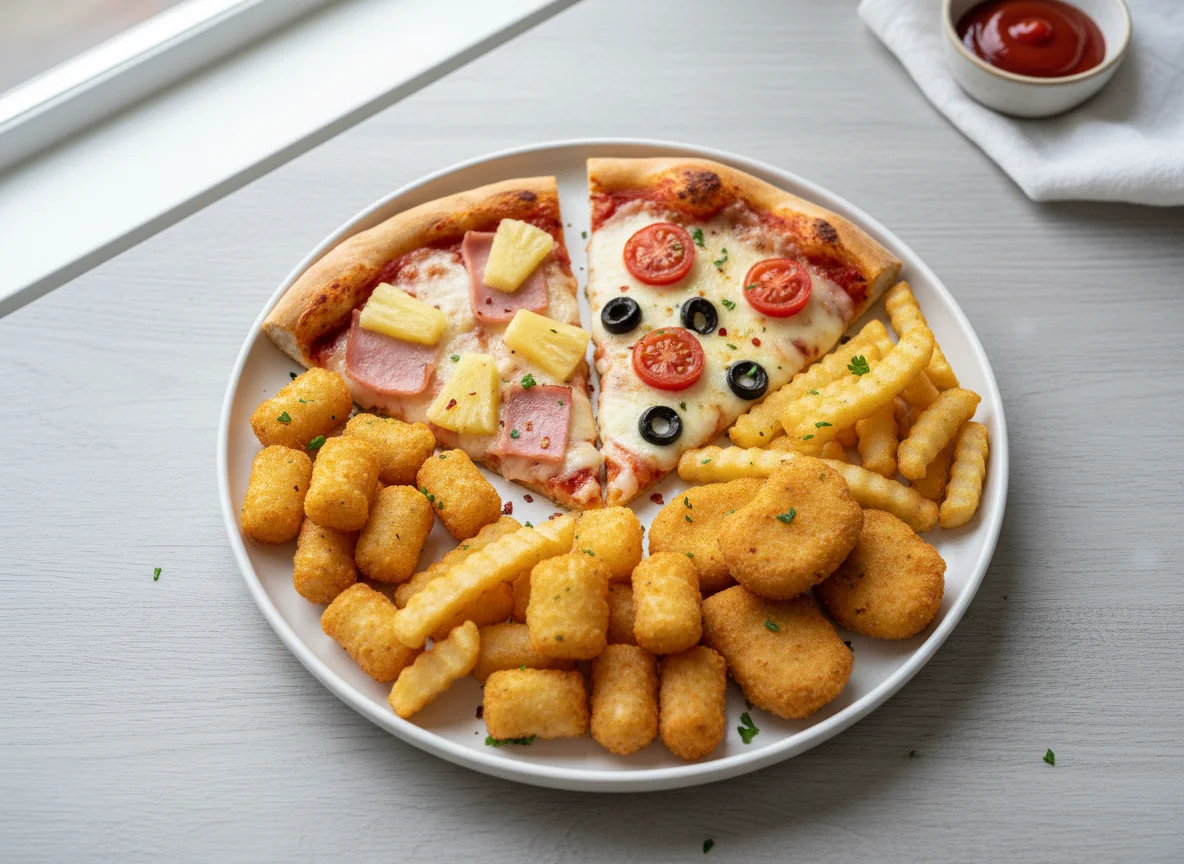 Pizza slices with potato shapes and chicken nuggets photo