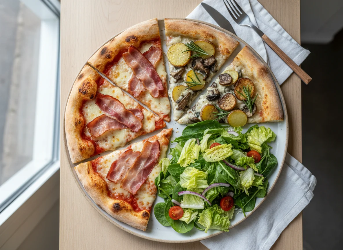 Pizza slices with side salad photo