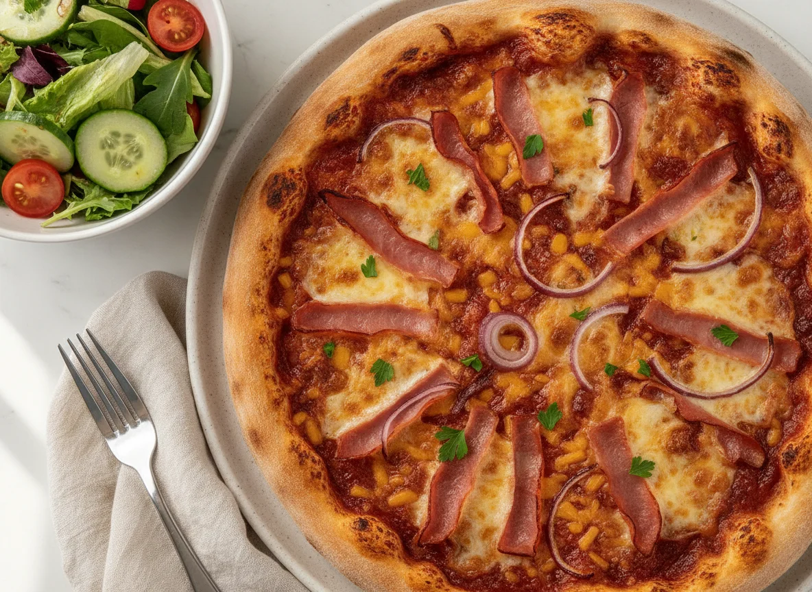 Pizza with BBQ sauce and side salad photo