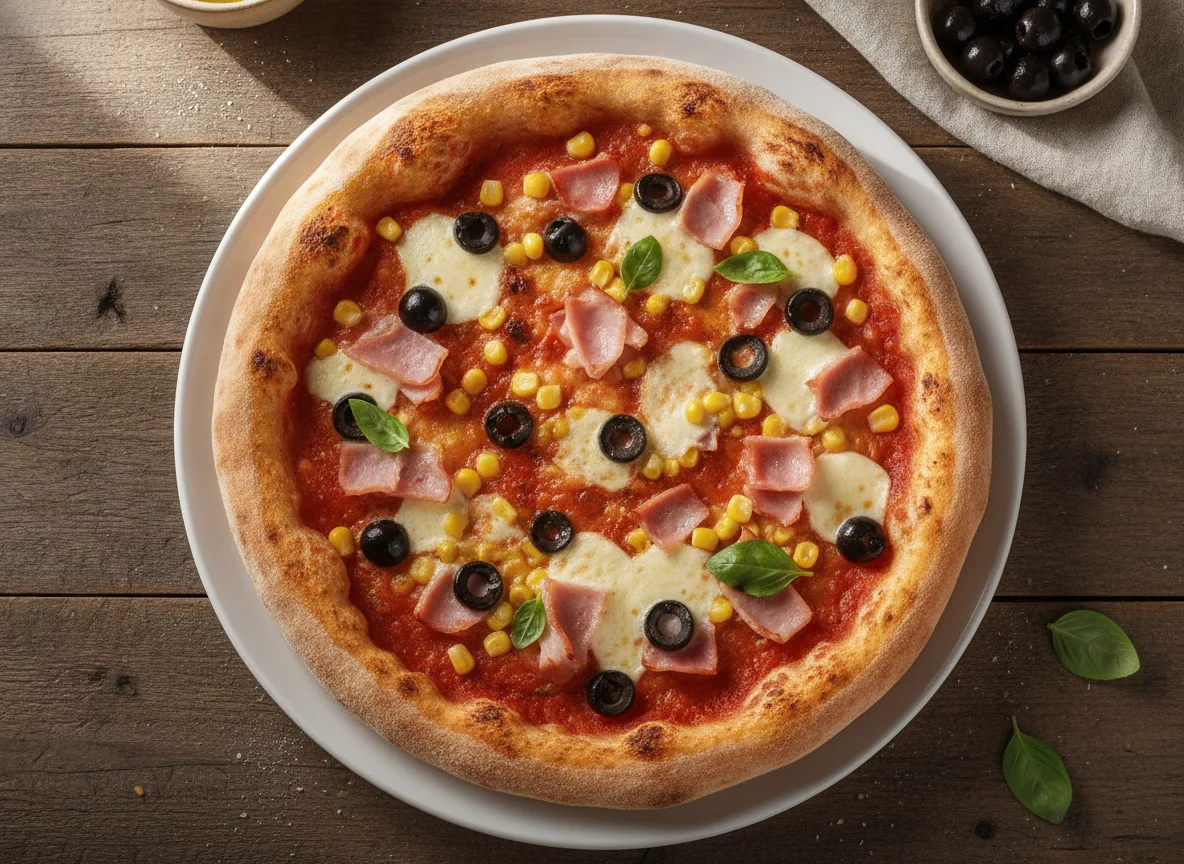 Pizza with Corn, Ham, and Olives photo