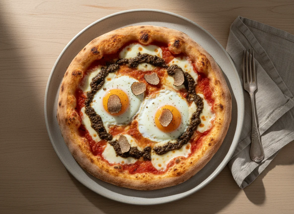 Pizza with Eggs and Black Truffle photo