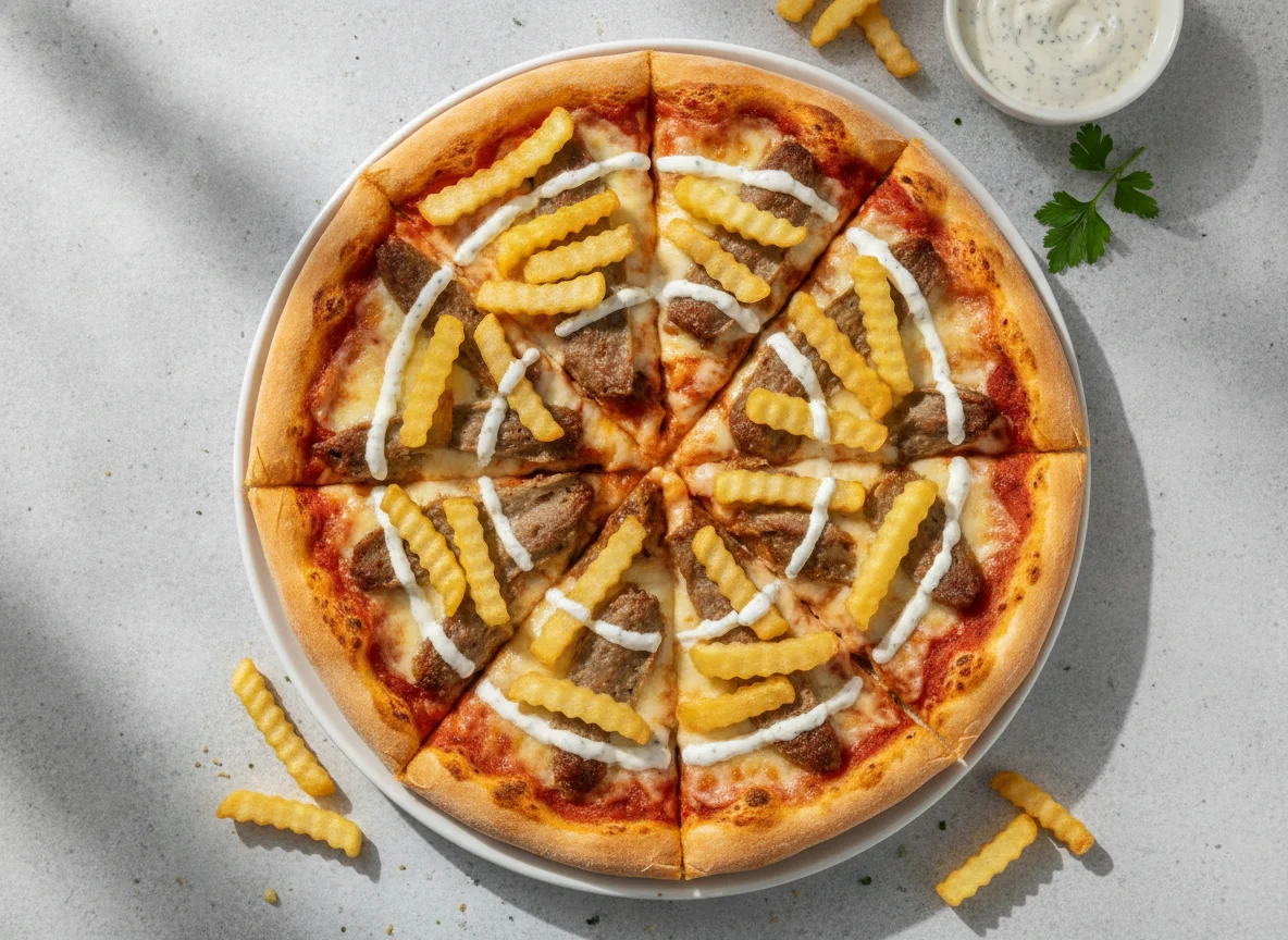Pizza with French Fries and Garlic Sauce photo
